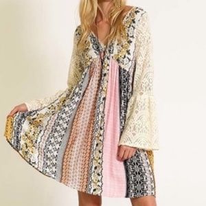 Boho Print Baby Doll Dress with Lace Bell Sleeves